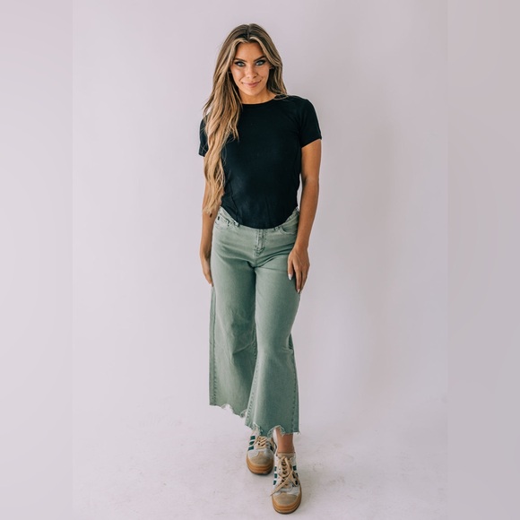 KanCan Denim - KanCan High Rise Wide Leg Cropped Jeans Raw Hem Pastel Green Shark Bite hem Boho